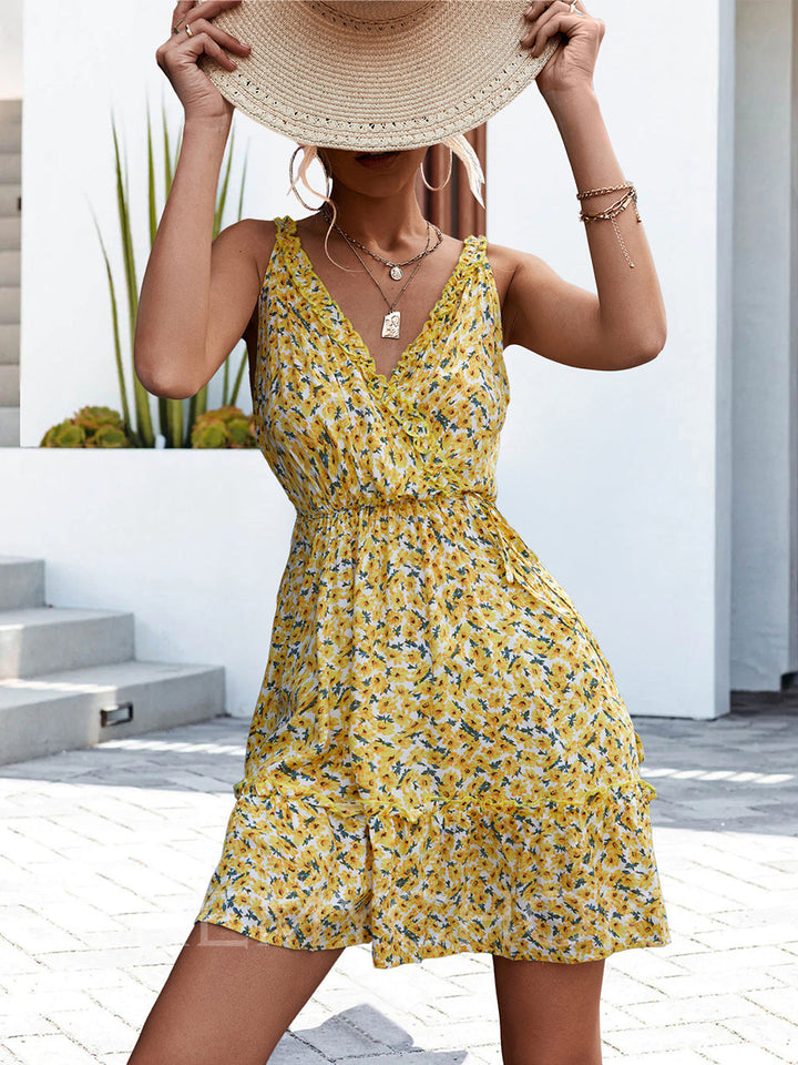 Sexy summer dress with ruffles and V-neck for women